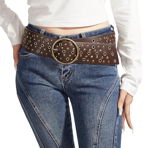 Women Wide-Western-Concho-Belt -Vintage-Cowgirl-Studded-Belt Country Boho Round Buckle for Jeans Dress waist below 36''2