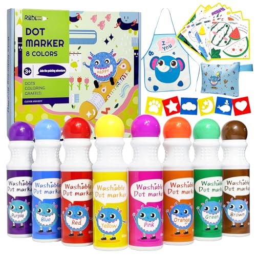 R&DLanci Washable Dot Markers for Toddlers, 8 Colors Dot Paints with 108 PDF & 12 Activity Papers,Non-Toxic Bingo Daubers for Toddlers 2-4, Non-Toxic Bingo Markers for Kids Arts and Crafts Gifts