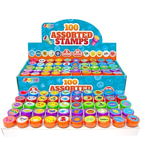 Image of JOYIN 100PCS Assorted Stamps for Kids Self-Ink for Party Favor, Teacher Stamps, Kids Treasure Box, Prize for Classroom, Birthday School Stuffers (50 Designs, Dinosaur, Halloween Stampers)