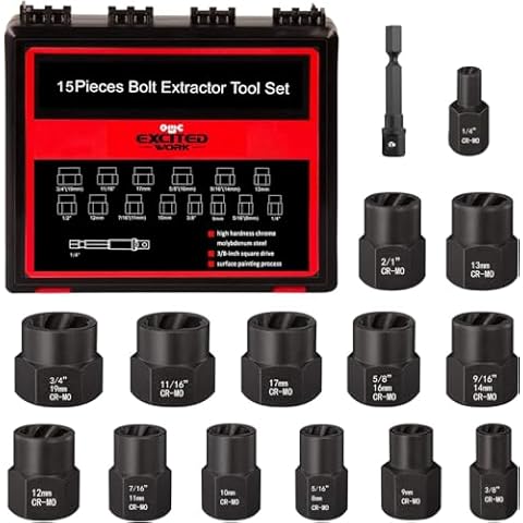 Impact Bolt Nut Remover Kit, EXCITED WORK 15 Pieces Bolt Extractor Socket Tool Set with Portable Solid Case-Easy to Remove the Rusty and Stubborn Sokets and Bolts Cover