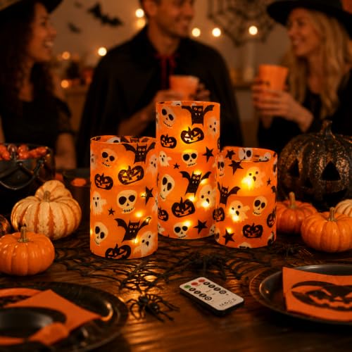 Image of Halloween Flameless Candles with String Lights - Set of 3 Ghost Battery Operated Candle Flickering Floral LED Pillar Candles with Timer Remote for Home Decor Romantic Ambiance