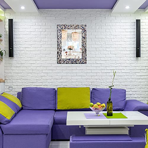 Multi-Colored & Silver, Luxe Mosaic Glass Framed Wall Mirror, Decorative Embossed Mosaic Rectangular Vanity Mirror / Accent Mirror (18" X 24") #TOP3