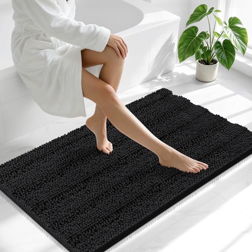 Image of Smiry Thick Chenille Bathroom Runner Rugs 44x24, Extra Absorbent Striped Bath Mat, Machine Washable, Rubber Backing, Long Bath Rugs for Tub & Shower, Modern Home Decor Accessories, Black