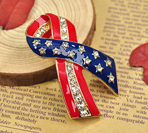 Image of Gyn&Joy Gold Tone Clear Crystal Rhinestones America USA Flag Star Ribbon Patriotic Pin Brooch