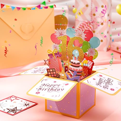 Geburtstagskarte,3D Pop Up Karte Geburtstag Pop Up Grußkarten Glückwünsche Geburtstagskarten mit Umschlag für Mama Frauen Männer Romantik Geschenk-Karte zum 16.Geburtstag (16th)