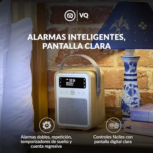 VQ Monty Radio Digital Dab+/Dab con Bluetooth, FM y Función de Radio-Despertador - Alimentada por Corriente y Batería Radio Portatil con Antena, Clavija para Auriculares y Puerto Usb - Roble - imagen 4