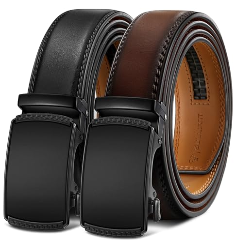 Image of BULLIANT Men's 2-Pack Ratchet Leather Belt Trimmable 1 3 /8 inch-Gift Boxed