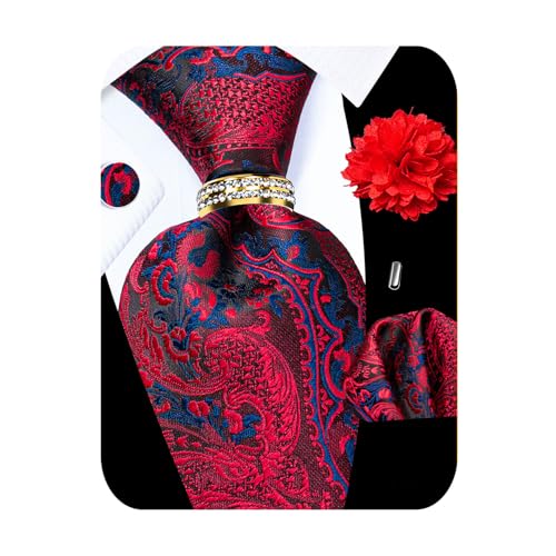 Image of 5PCS Mens Silk Tie, Pocket Square, Cufflinks, Drilled Tie Ring and Lapel Pin Set for Wedding Groom Party