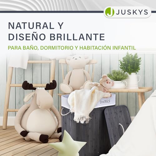 Juskys Cesto para la ropa de bambú rizado 100 litros en gris - Cubo para la ropa con tapa, asa y 2 compartimentos - Bolsa para la ropa de tela, extraíble y lavable - imagen 9