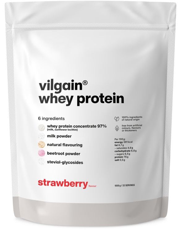 Vilgain Whey Protein w proszku, truskawka, 1000 g – białko w proszku z mleka wierzbowego, słodzone stewią, bez sztucznych aromatów, ultrafiltrowany koncentrat, kremowy i smaczny