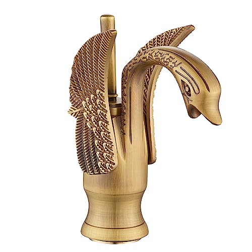GGStudy Bathroom Faucet Antique Brass Swan Single Handle One Hole Bathroom Vanity Faucet Basin Tap Deck Mount Lavatory