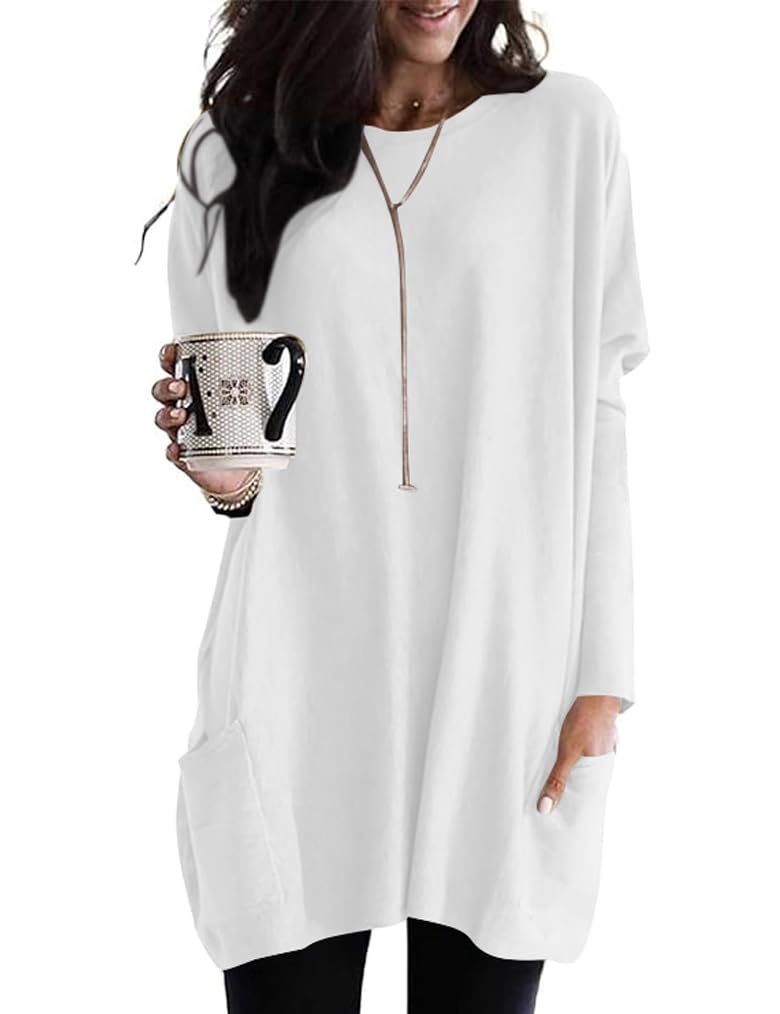 Poetsky Fall Womens Tunic or Tops to Wear with Leggings Long Sleeve Casual Long Shirts with Pockets