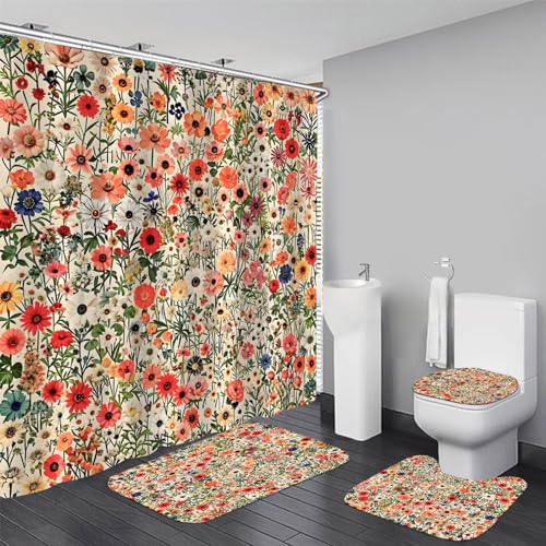 DDQQ 4Pcs Vintage Green Plant Floral Shower Curtain Set Spring Flower Bathroom Sets Home Bathroom Decor Shower Curtains with Rugs and Toilet Lid Cover