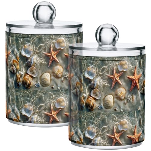 Gredecor 4 Pack Qtip Holder Clear Beach Starfish Shells (7) Apothecary Jars with Lids Acrylic Bathroom Jars Vanity Countertop Canister Storage Organizer for Cotton Ball,Swabs,Pads,Floss