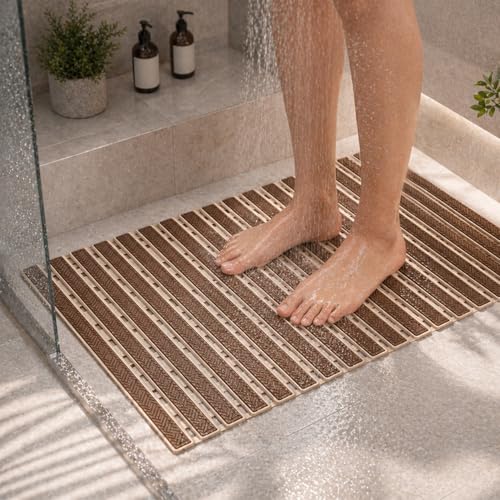 Image of HOMEZE TPE Anti-Slip Shower Mat - Elevate Your Bathing Experience | Strong Suction Grips & Drain Holes | Anti-Skid Bath Mat for Elderly | Premium Bathtub & Shower Area Mat (68x38 cm)