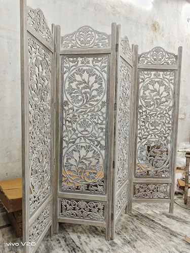 Image of Wooden Room Divider Decorative Foldable Privacy Screen Hand Carved Partition for Living Room Bedroom Office Decor (6 Feet 4 Panel White Wash Each Panel 72X20 Inch)