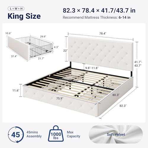 Image of Allewie Upholstered King Size Platform Bed Frame with 4 Storage Drawers and Adjustable Headboard, Diamond Button Tufted, Wooden Slats Support, Noise-Free, No Box Spring Needed, Easy Assembly, White