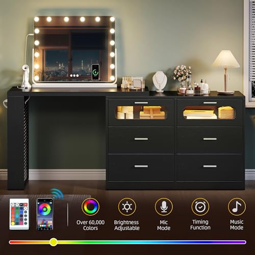 DWVO Vanity Table with RGB Lights, 360° Rotatable LED Drawer Dresser with 6 Drawers, Vanity Desk with Storage Cabinet and Charging Station for Bedroom, Executive Computer Desk for Workspace, Black