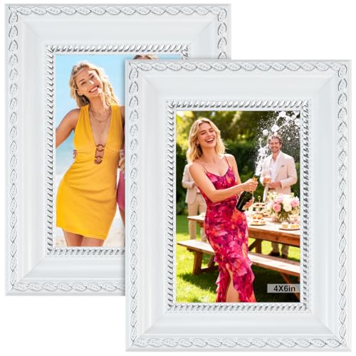 Image of 6x4 Picture Frames - 2PCS 4x6 Vintage Picture Frames Stand Free-standing Horizontally & Vertically Vintage Photo Frames for Home Office Living Room Décor (White)