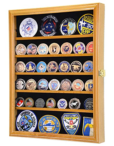 56 Challenge Coin Display Case Cabinet - Fully Adjustable Shelves - Larger Coins - 98% Uv Protection (Oak Finish) #TOP18