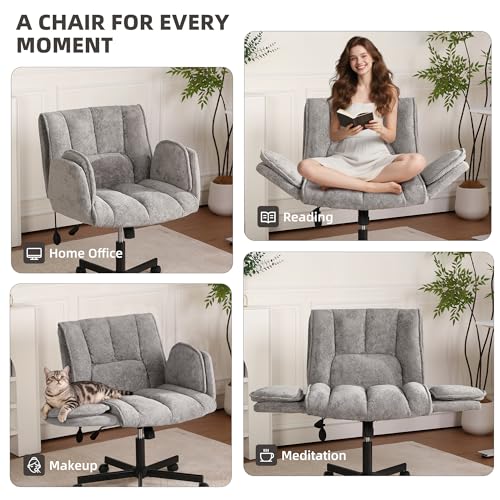 Image of Criss Cross Chair with Wheels & Outward-Folding Arms, Cross Legged Office Chair, Built-in Dynamic Airbag Lumbar Support, Wide Seat Desk Chairs for Home Office, Apartment, Vanity, Gray