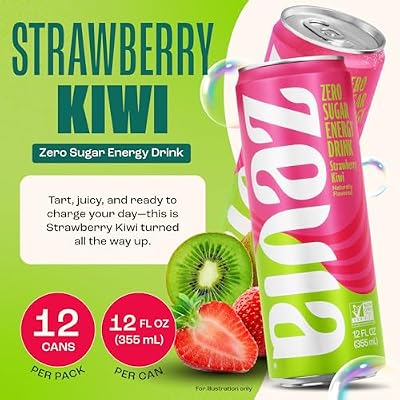 Zevia Zero Sugar Energy Drink, Strawberry Kiwi, 12 oz Cans (12-Pack) Naturally Sweetened, Zero Calorie Sugar Free Energy - Non-GMO Project Verified, Gluten-Free, Vegan