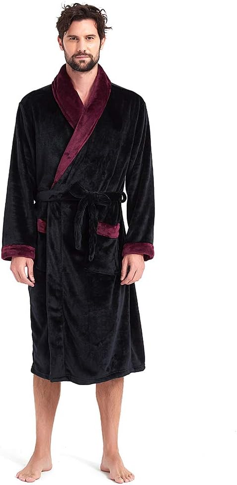 HOLOVE Men's Ultrasoft Plush Bathrobe Fleece Spa Robe Swim Hotel Warm Robes(Black+Wine 2XL/3XL)