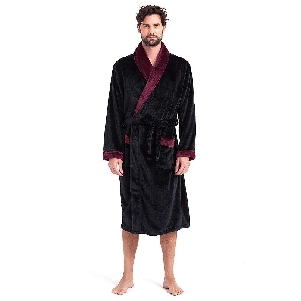 HOLOVE Mens Fleece Hooded Robe Plush Collar Shawl Bathrobe Soft Warm Long Sleeve