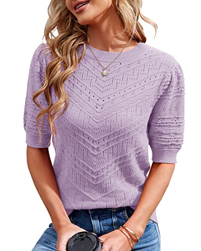 Image of Womens Puff Short Sleeve Sweater Summer Crew Neck Ribbed Knit Pullover Tops