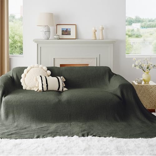 Image of Bedsure 100% Cotton Big Blanket Oversized King for Bed - Large Breathable Thick Cooling Waffle Weave Blanket for Summer, Couch Cover, Olive Green, 120x94 inches
