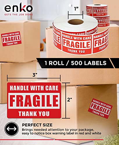 Enko - 2 X 3 Inch Fragile Stickers Handle With Care Warning Packing Shipping Label - Permanent Adhesive (1 Roll, 500 Labels) #TOP1