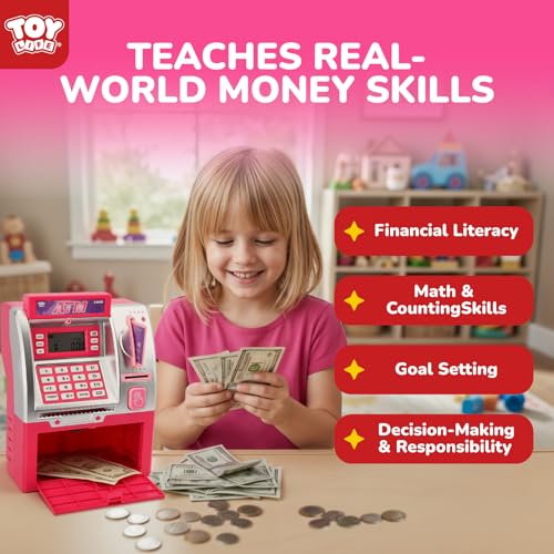 Image of TOY Life Pink Kids ATM Piggy Bank, Money Counter, Ages 5-10
