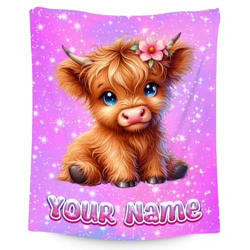 Personalized Blanket Highland Cow Gifts for Kids Girls - Soft Lightweight Flannel Throws for Couch, Sofa 4 Sizes