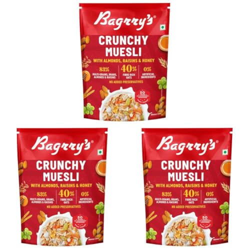 Image of Bagrry's Crunchy Muesli - 425g | 83% Multigrain, Brans, Almonds, Raisins & Honey | 40% Fibre Rich Oats | High Fibre and Protein Breakfast Cereal | No Added Preservatives | Non-GMO Oats | 100% Natural | Trans Fat & Cholesterol Free