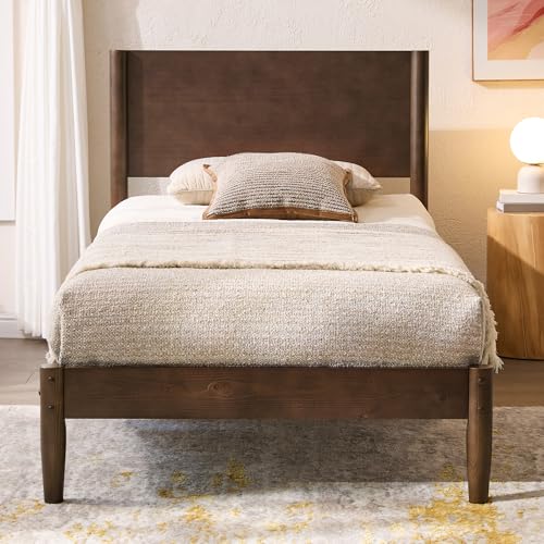 Image of AMERLIFE Solid Wood Twin Bed Frame, Mid Century Modern Platform Bed with Full Panel Headboard, Noise-Free & Cylindrical Legs, No Box Spring Needed, Under-Bed Storage, Dark Walnut