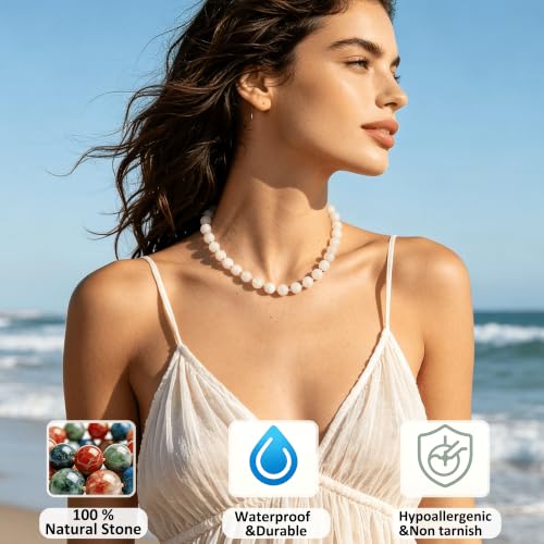 Image of GINAZL Natural Stone Beaded Choker Necklace for Women, Chunky Multicolor Gemstone Handmade Necklace, Boho 12MM Bead Summer Beach Jewelry Gifts for Women