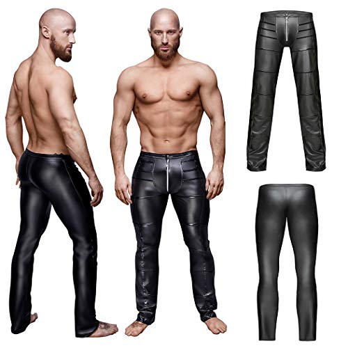 WYYSYNXB Sexy Hommes Faux Cuir Ouvert Crotch Pantalon Latex PVC Nightclub Hommes Zipper Pole Dance Pantalon Gothique Punk Fétichiste Club Wear,Noir,M