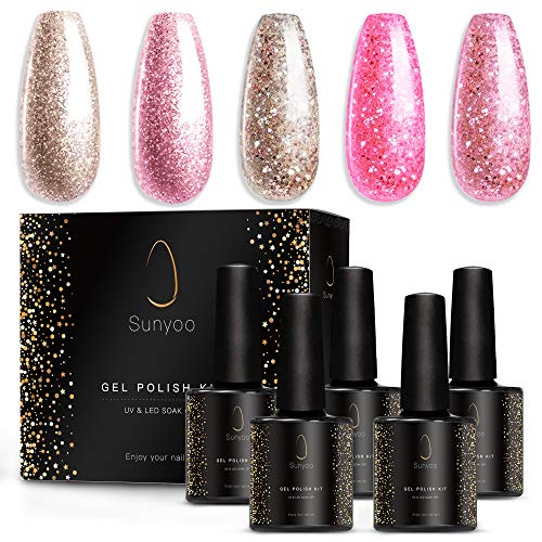 Glitter Gel Nail Polish Set 5 Colors Pink Shiny Style Soak Off UV LED With Gift Box 7.5 ml Each Bottle Gel Nail Polish Art