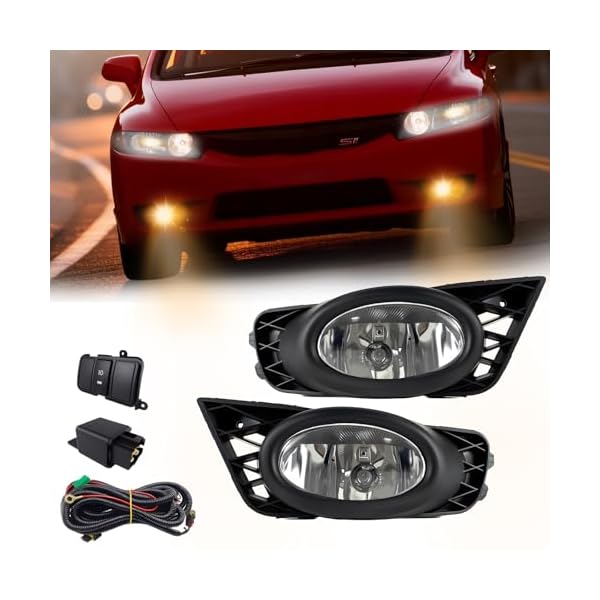 Fog Lights Assembly Replacement for 2009 2010 2011 Honda Civic Sedan, Front Bumper Driving Fog Lamps with Wire Harness for Passenger and Driver Side (Clear Lens)