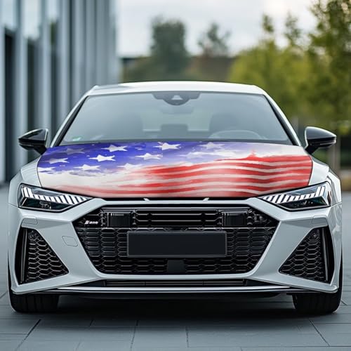 Image of 4th July American Flag Car Hood Cover Stretchable Polyester,Engine Cover,Elastic Fabrics Can be Washed,Car Bonnet All-Season Protection