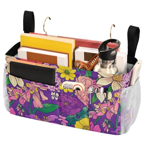 FRODOTGV Florals Orchid Peonies Carnation Purple Bed Pockets Bedside Storage College Dorm Bed Hanging Basket for Glasses,Books,Mobile Phones,Keys