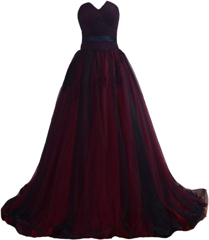 KivaryGothic Black Tulle Long Sash Sweetheart Corset Formal Prom Evening Dresses