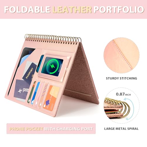 clipboard with storage for men women leather padfolio portfolio organizer 5 folders with 10 pockets spiral clipboard folio with notepad for letter size elastic closure and pen loop rose gold