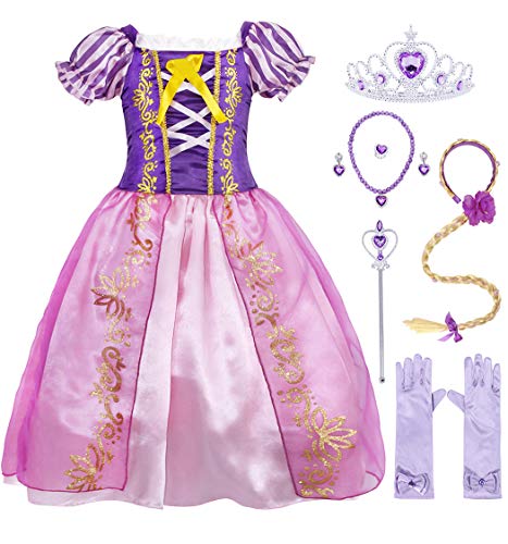 Cotrio Costume Dress Girls Princess Dresses Halloween Outfits Accessories Size 12(11-12 Years, Purple, 150, Wig Gloves Tiara Scepter Necklace Ring Earrings)