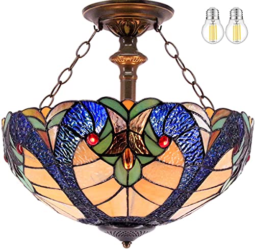 Tiffany Ceiling Light Fixture Semi Flush Mount 16" Stained Glass Red Blue Liaison Shade Island Hanging Lamp Close to Dome Boho Decor Bedroom Kitchen Dining Living Room Entry Foyer Hallway WERFACTORY
