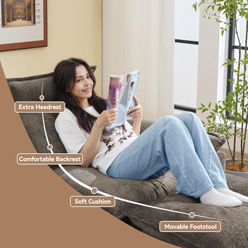 Image of 46''Cloud Oversized Sofa Chair with Detachable Headrest, Upholstered Comfy Arm Accent Chair with Ottoman,Modern Chenille Reading Lounge Armchair for Living Room,Bedroom, Brown