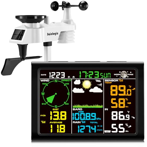 Sainlogic Professionale Stazione Meteorologica, 8-in-1 Stazione Meteo con Sensore Esterno, Termometro, Pluviometro da Giardino, Igrometro, Anemometro, Previsioni del Tempo per Fattorie (Senza WiFi)