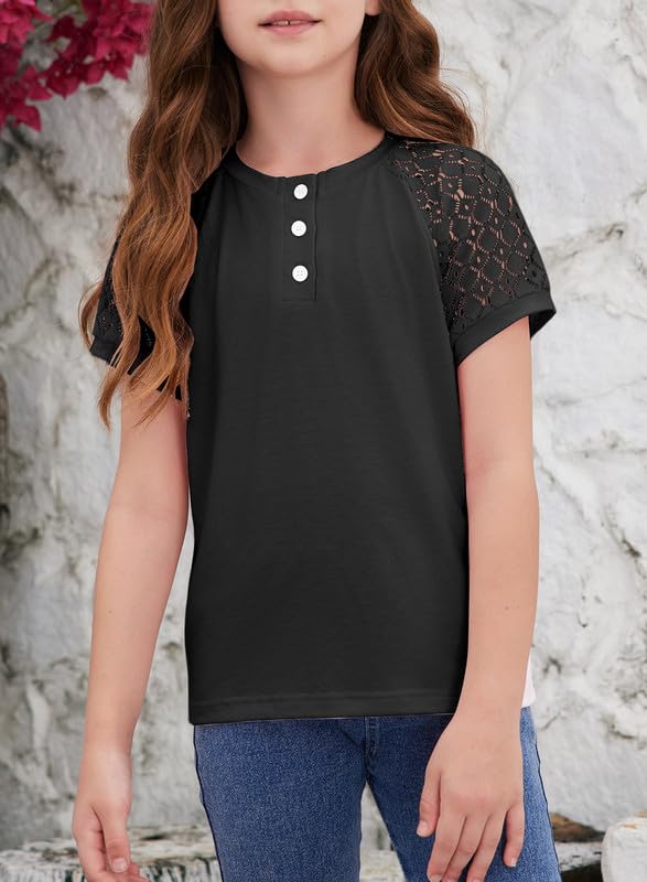 Girls Fashion Lace Short Sleeve Shirts Casual Button Crewneck Blouses Tops 6-15 Years3