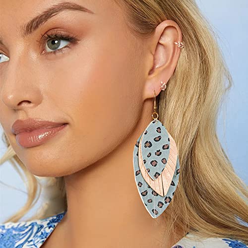 Boho Layered Leather Leaf Earrings For Women Girls Vintage Leopard Print Long Big Summer Statement Drop Dangle Hook Stud Lightweight Vintage Bohemian Beachy Jewelry (Blue) #TOP2