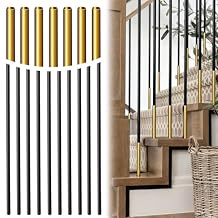 Wrought Iron Balusters Set of 10,5/8 inch Round Hollow Straight Stair Spindles,Decorative Metal Balusters Spindles for Decks,Satin Black + Gold Metal Stair Railing - D23...